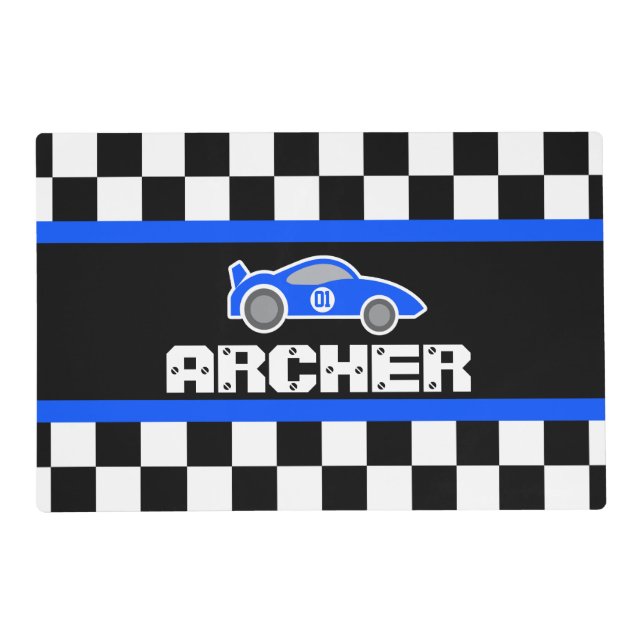 Blue racing car name number checkered flag  placemat (Front)