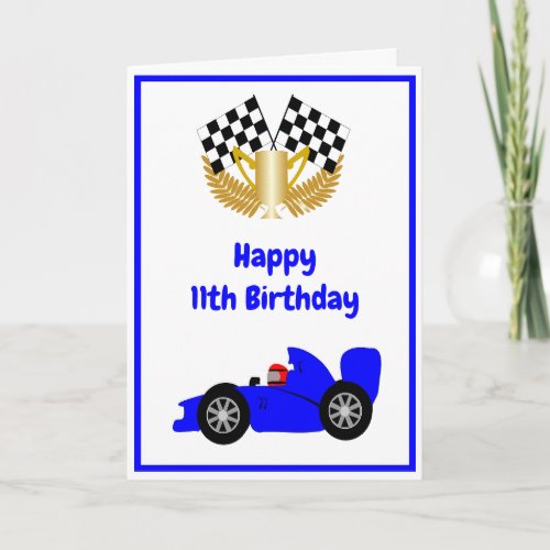 Blue Racing Car Personalised 11th Birthday Card
