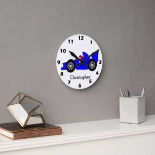 Blue Racing Car Personalised Round Clock