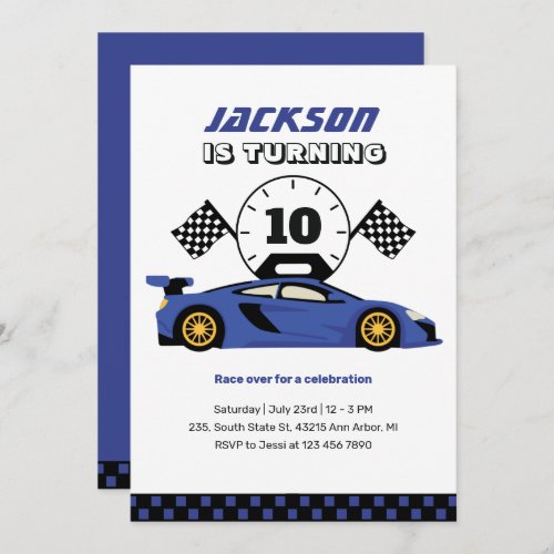 Blue Racing Car Race Kids Boys Birthday Invitation