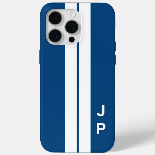 Blue Racing Car Stripes Minimal Initials Monogram iPhone 15 Pro Max Case