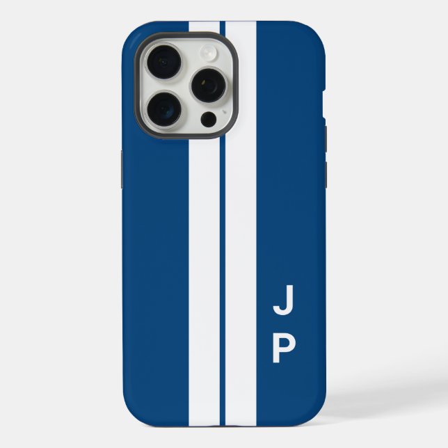 Blue Racing Car Stripes Minimal Initials Monogram Iphone Case (Back)