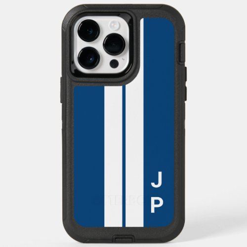 Blue Racing Car Stripes Minimal Initials Monogram OtterBox iPhone 14 Pro Max Case