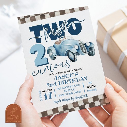 Blue Racing Car Two Fast Two Curious 2nd Birthday Invitation