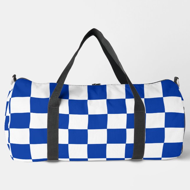 Blue Racing Checkered Flag Display Customizable Duffle Bag (Front)