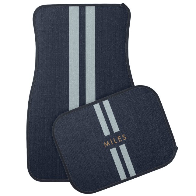 Blue Racing Double Stripes Classic Personalised Car Floor Mat (Set)