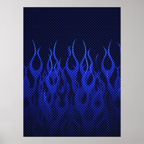 Blue Racing Flames on Carbon Fiber Print
