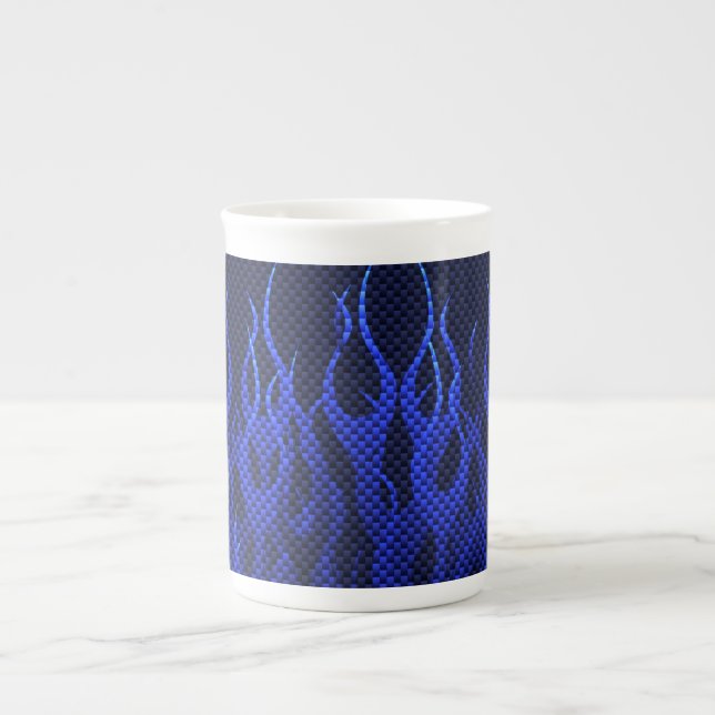 Blue Racing Flames on Carbon Fiber Print Bone China Mug (Front)