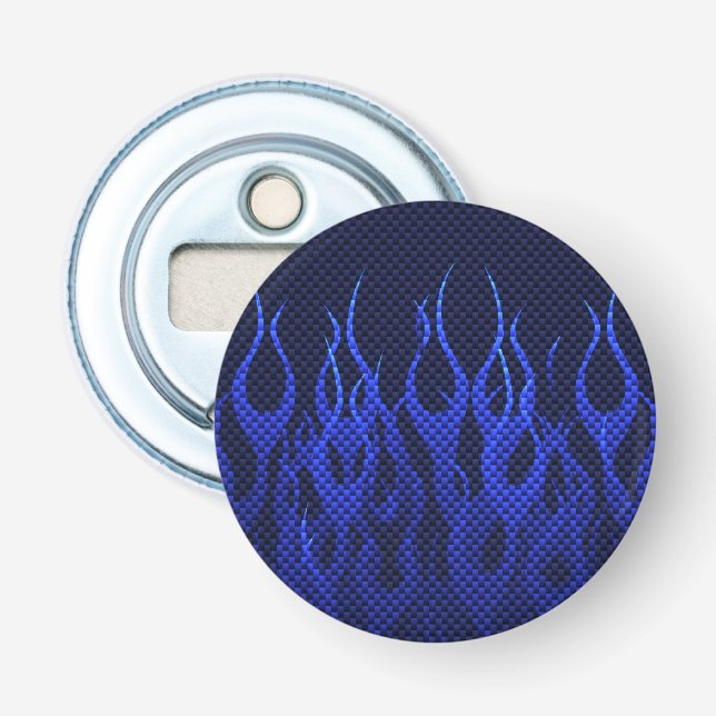 Blue Racing Flames on Carbon Fiber Print Bottle Opener (Front)