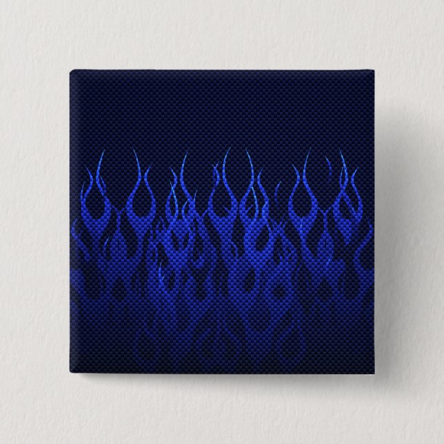 Blue Racing Flames on Carbon Fiber Print Button (Front)