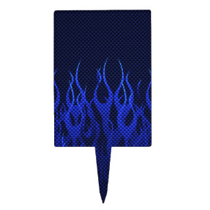 Blue Racing Flames on Carbon Fiber Print Cake Topper