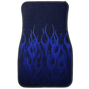 Blue Racing Flames on Carbon Fiber Print Car Floor Mat
