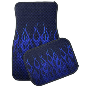 Blue Racing Flames on Carbon Fiber Print Car Mat