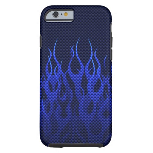 Blue Racing Flames on Carbon Fiber Print Tough iPhone 6 Case