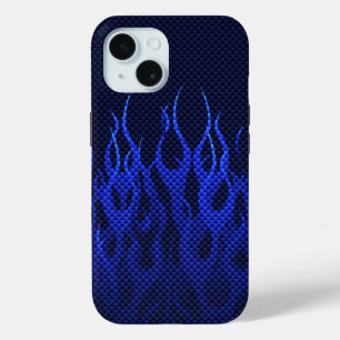 Blue Racing Flames on Carbon Fiber Print iPhone 15 Case