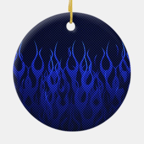 Blue Racing Flames on Carbon Fiber Print Ceramic Ornament