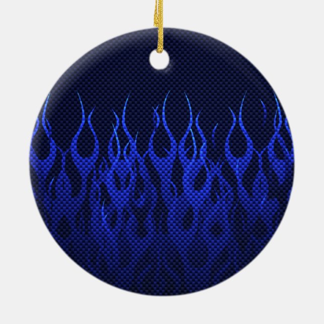 Blue Racing Flames on Carbon Fiber Print Ceramic Ornament (Back)