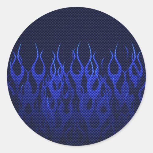 Blue Racing Flames on Carbon Fiber Print Classic Round Sticker