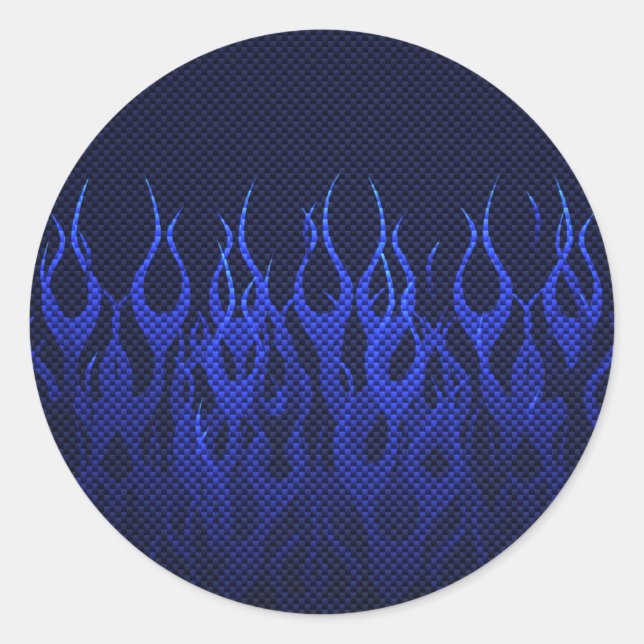 Blue Racing Flames on Carbon Fiber Print Classic Round Sticker (Front)