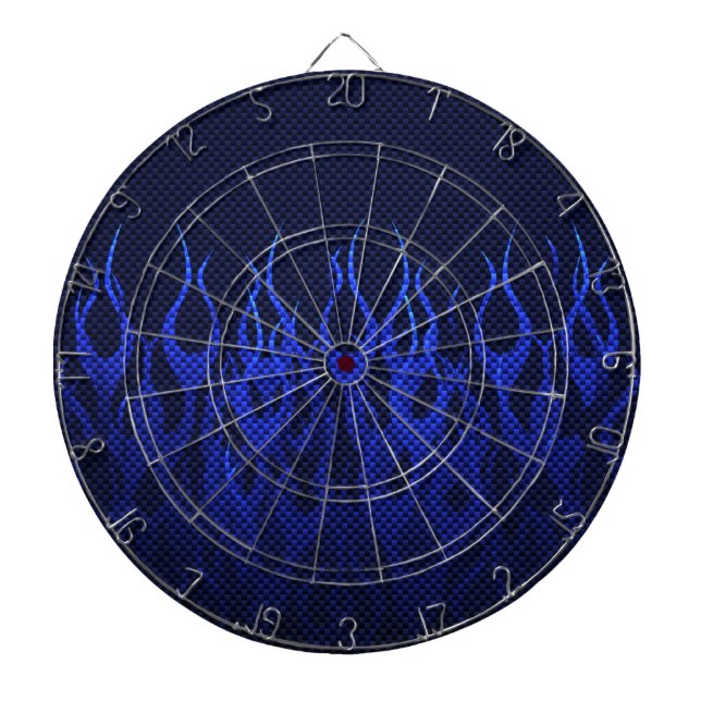 Blue Racing Flames on Carbon Fiber Print Dartboard With Darts (Front)