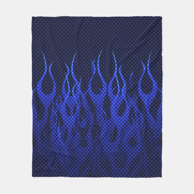 Blue Racing Flames on Carbon Fiber Print Fleece Blanket (Front)