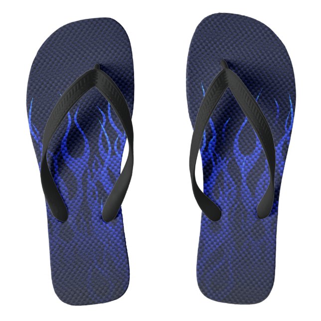 Blue Racing Flames on Carbon Fiber Print Flip Flops (Footbed)