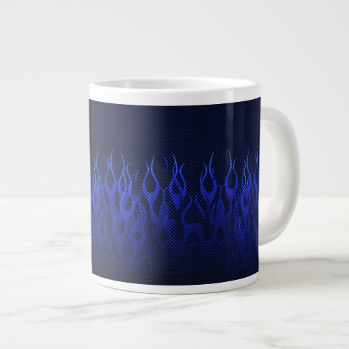 Blue Racing Flames on Carbon Fiber Print Giant Coffee Mug