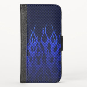 Blue Racing Flames on Carbon Fiber Print iPhone X Wallet Case