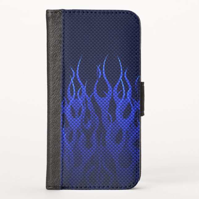 Blue Racing Flames on Carbon Fiber Print iPhone Wallet Case (Front)