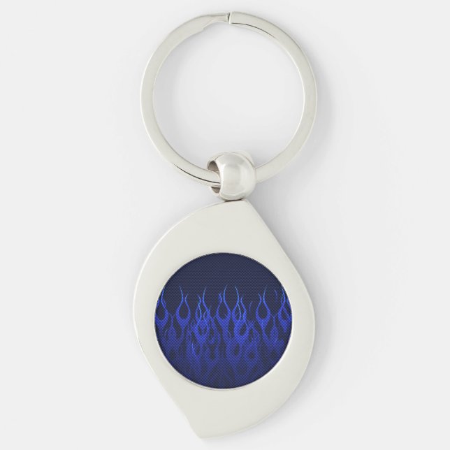 Blue Racing Flames on Carbon Fiber Print Keychain (Front)