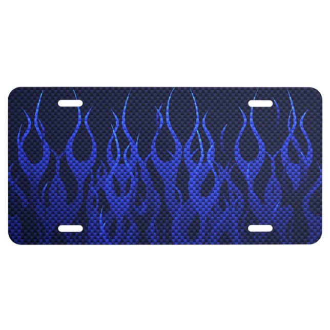 Blue Racing Flames on Carbon Fiber Print License Plate (Front)