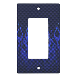 Blue Racing Flames on Carbon Fiber Print Light Switch Cover