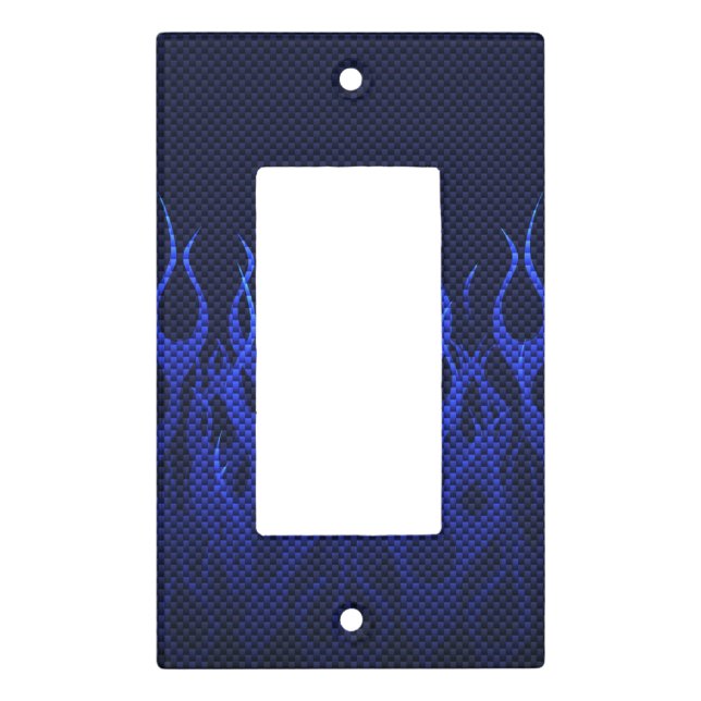 Blue Racing Flames on Carbon Fiber Print Light Switch Cover (Front)