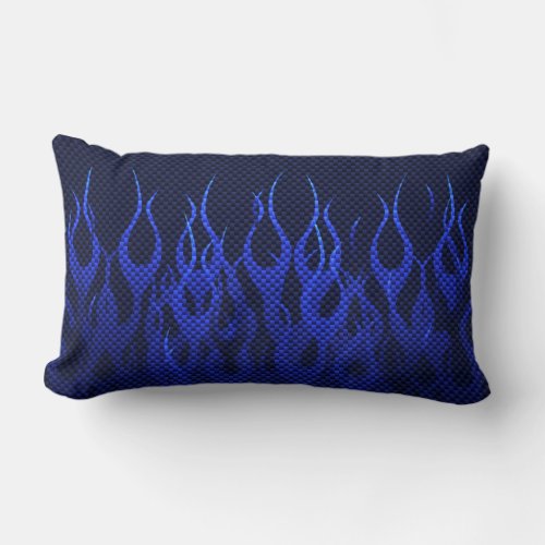 Blue Racing Flames on Carbon Fiber Print Lumbar Pillow