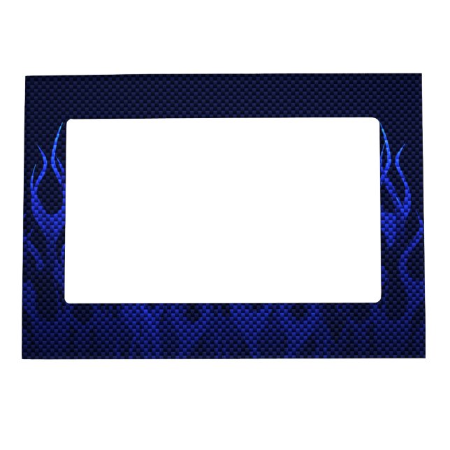 Blue Racing Flames on Carbon Fiber Print Magnetic Picture Frame (Front)