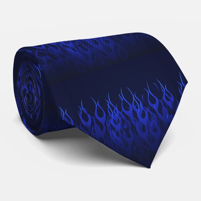 Blue Racing Flames on Carbon Fiber Print Neck Tie (Rolled)