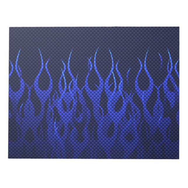 Blue Racing Flames on Carbon Fiber Print Notepad (Front)