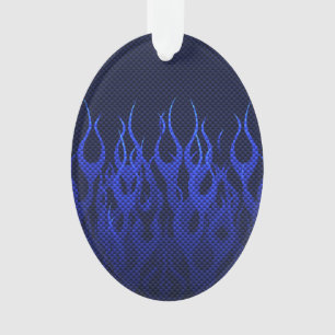 Blue Racing Flames on Carbon Fiber Print Ornament