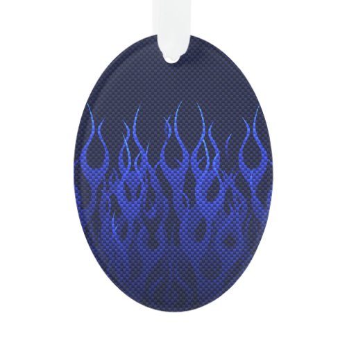 Blue Racing Flames on Carbon Fiber Print Ornament
