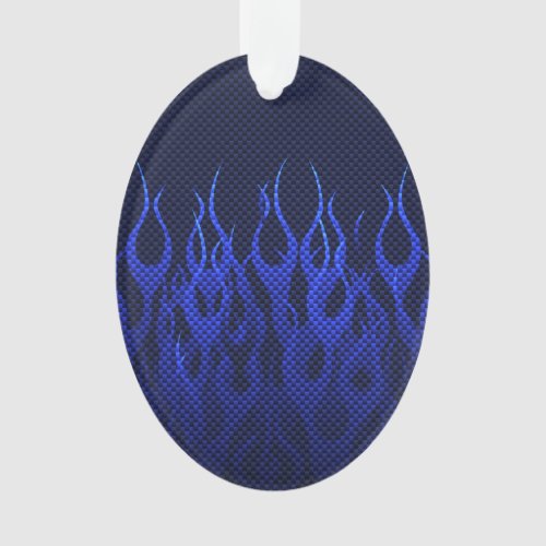 Blue Racing Flames on Carbon Fiber Print Ornament