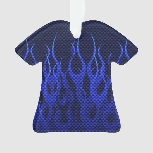 Blue Racing Flames on Carbon Fiber Print Ornament (Front)