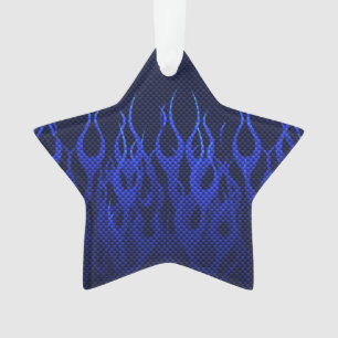 Blue Racing Flames on Carbon Fiber Print Ornament