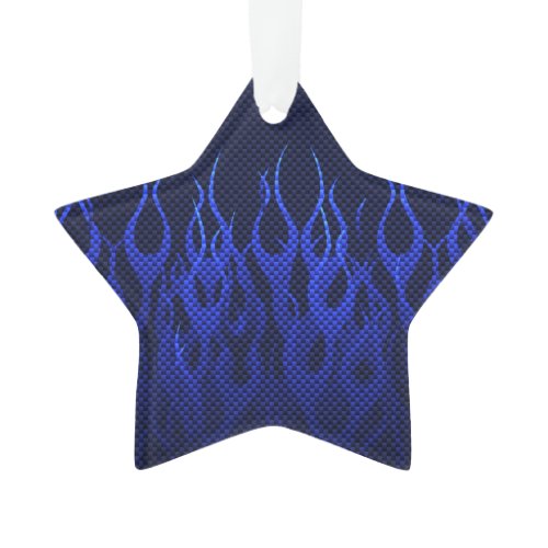 Blue Racing Flames on Carbon Fiber Print Ornament