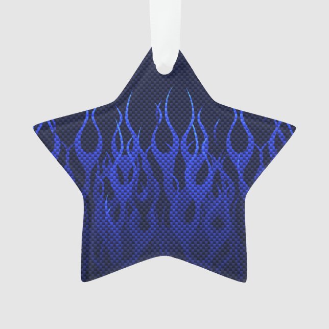 Blue Racing Flames on Carbon Fiber Print Ornament (Front)