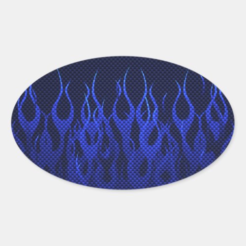 Blue Racing Flames on Carbon Fiber Print Oval Sticker