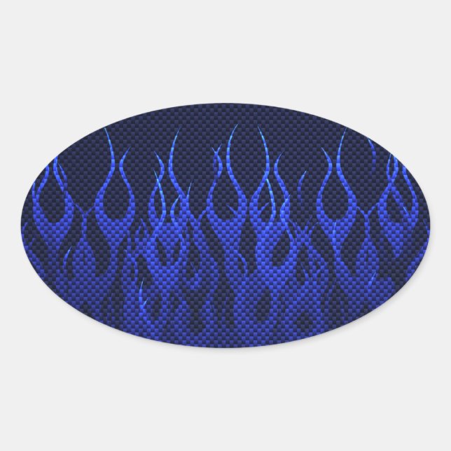 Blue Racing Flames on Carbon Fiber Print Oval Sticker (Front)