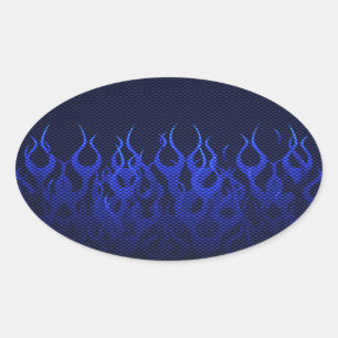Blue Racing Flames on Carbon Fiber Print Oval Sticker