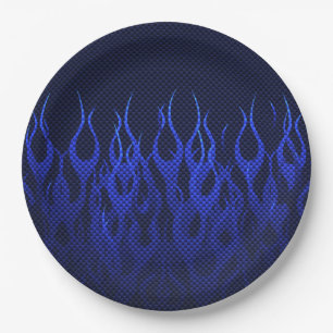 Blue Racing Flames on Carbon Fiber Print Paper Plates