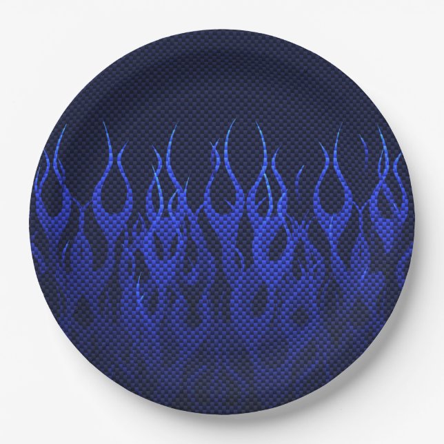 Blue Racing Flames on Carbon Fiber Print Paper Plates (Front)