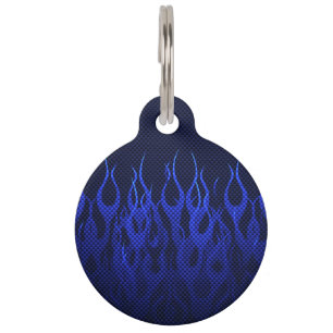 Blue Racing Flames on Carbon Fiber Print Pet Tag